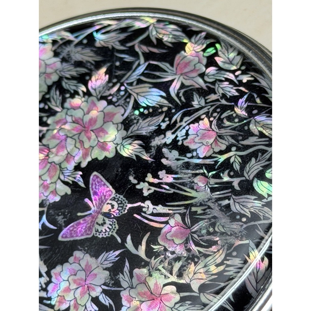 Mother of Pearl Floral Butterfly Compact Mirror Iridescent Black Silver Purse 3"